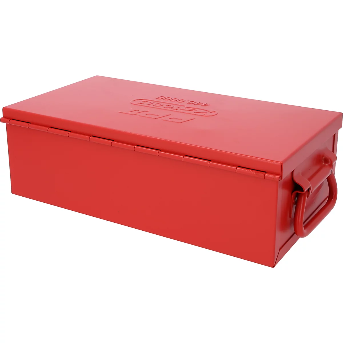 Rote Werkzeugkiste mit Tragegriff. Auf dem Deckel steht ein Schriftzug.